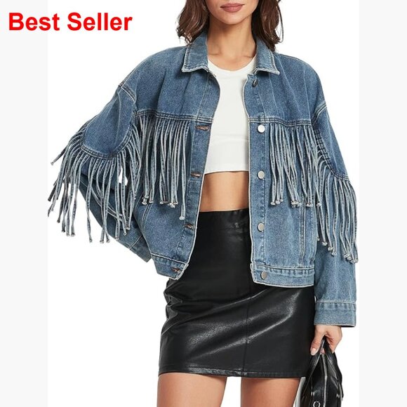 Jackets & Blazers - Oversized Denim Jacket with Fringe Tassel Long Sleeve Western Style